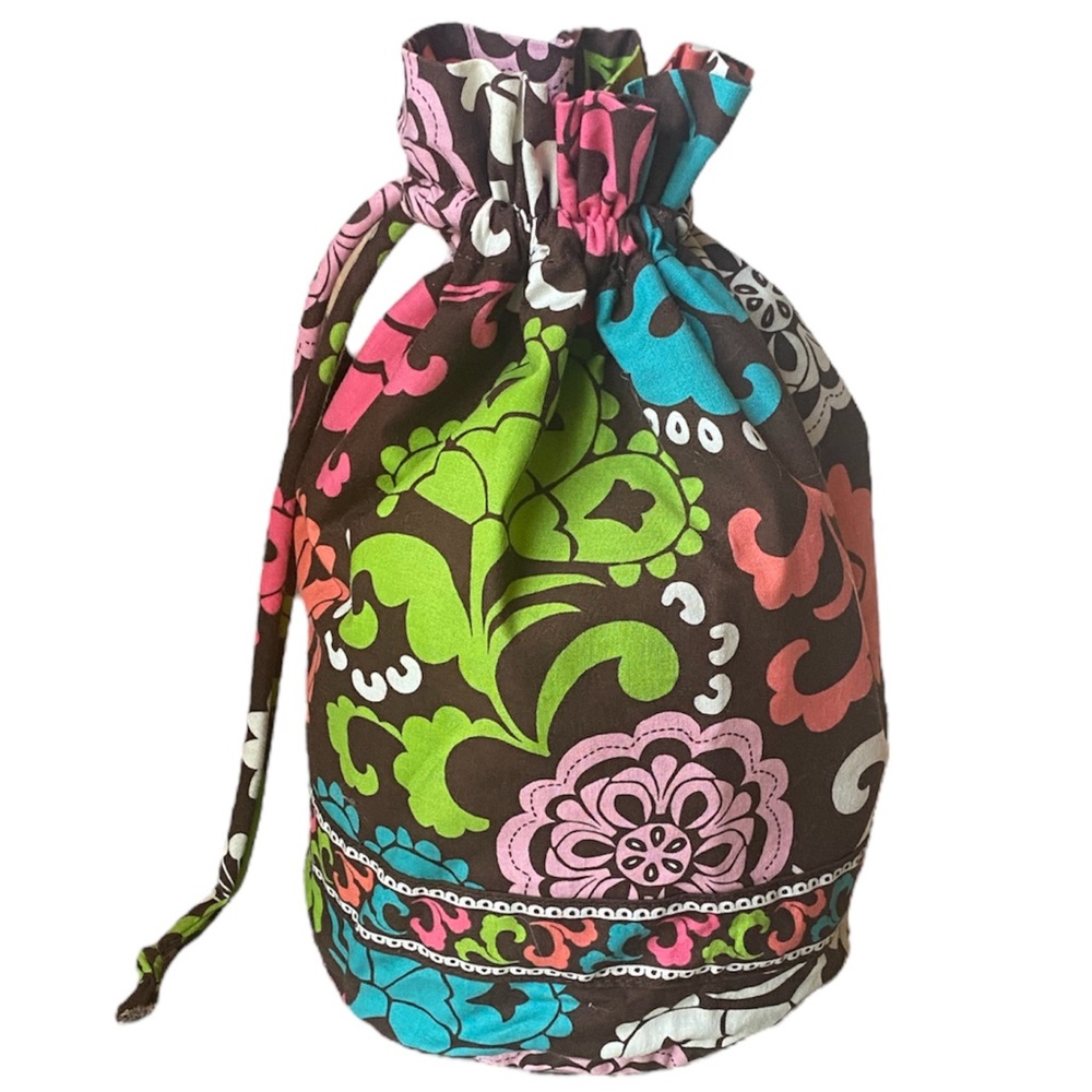 Vera Bradley Drawstring Bucket Bag Floral Waterproof Interior Brown Blue Pink - Picture 2 of 7